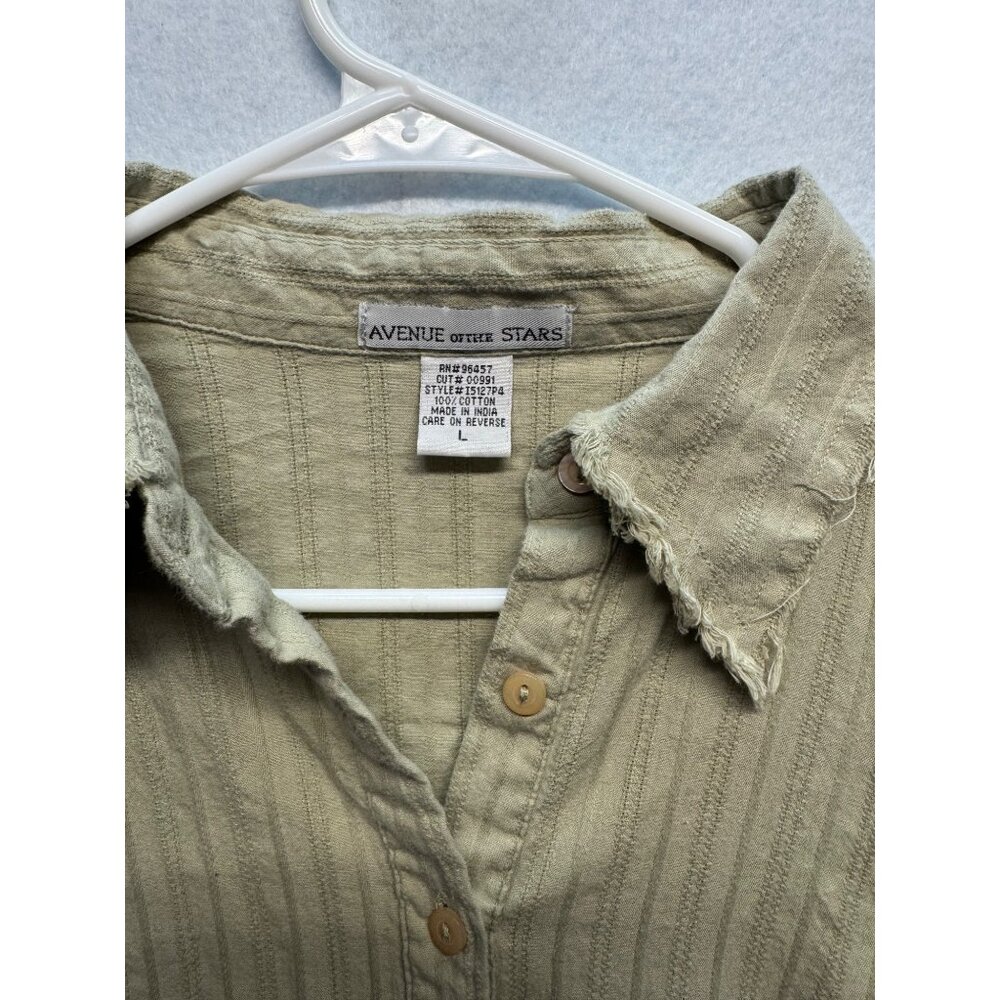 Avenue Outfit Stars Olive Green Button-Up Long Sleeve Shirt Frayed Womens L - Picture 2 of 9